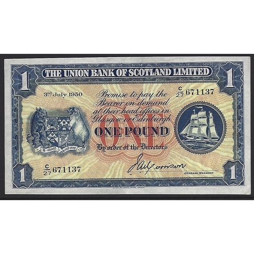 11 - BANKNOTE.  United Kingdom, Scotland, The Union Bank of Scotland Limited, 1 Pound, 3rd July 1950, sig... 