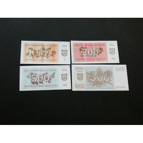 22 - BANKNOTES.  Lithuania, 1, 200 and 500 Talonas, 1992 issue, P-39, P-43, and P-44, together with 500 T... 