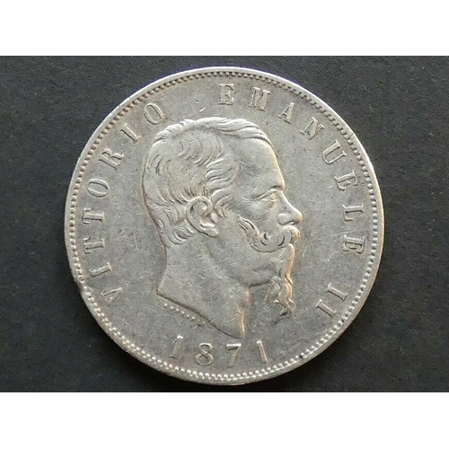 125 - ITALY.  Vittorio Emanuele II (1861-1878), Silver 5 Lire, 1871 M-BN, Milan mint, KM8.3, NVF, small ek... 