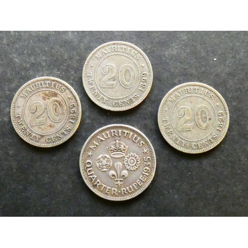 138 - COINS. Mauritius, 3x Silver 20 Cents, 1899, KM11.1, VG to NF, together with silver ¼ Rupee, 1935, KM... 