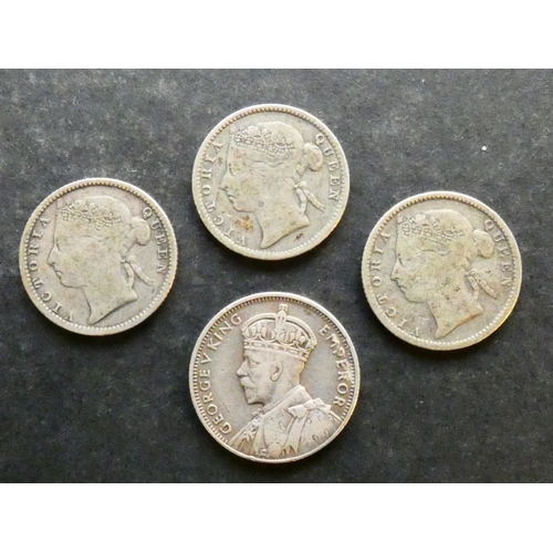 138 - COINS. Mauritius, 3x Silver 20 Cents, 1899, KM11.1, VG to NF, together with silver ¼ Rupee, 1935, KM... 