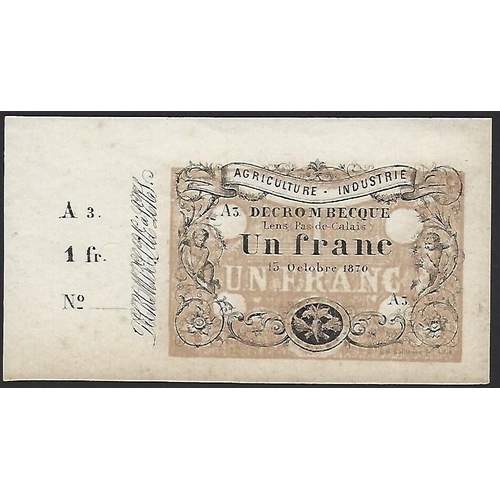 11 - BANKNOTES. France, Lens (Pas-de-Calais), local currency, 1 Franc, 15.10.1870, UNC, light foxing, tog... 