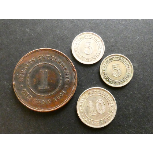 117 - COINS.  Straits Settlements, bronze 1 Cent, 1904, together with 2x silver 5 Cents, 1935, and silver ... 