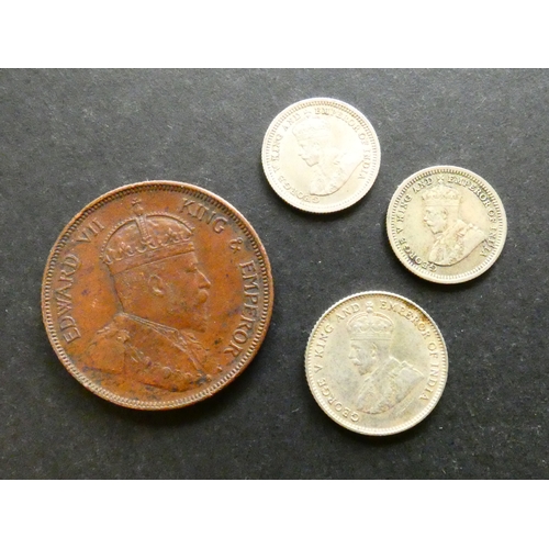 117 - COINS.  Straits Settlements, bronze 1 Cent, 1904, together with 2x silver 5 Cents, 1935, and silver ... 