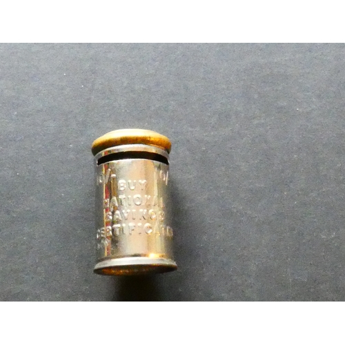 200 - ACCESSORY.  Small metal money bank, circa 1940s, to hold 20x Sixpences, 22mm diameter x 37mm tall, 1... 