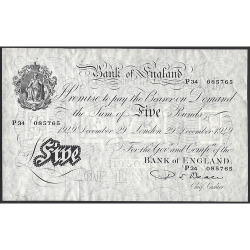 10 - BANKNOTE.  United Kingdom, Bank of England, 5 Pounds, 29th December 1949, sign. P.S. BEALE, Duggleby... 