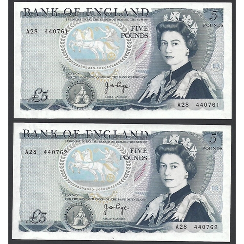 13 - BANKNOTES.  United Kingdom, Bank of England, 5 Pounds, series D pictorial issue, sign. J.B. PAGE, Du... 