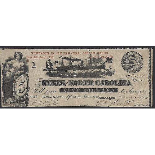 42 - BANKNOTE. United States of America, State of North Carolina, 5 Dollars, 1.1.1863, overprinted in red... 