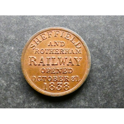 164 - TOKEN.  England, transport check, Yorkshire, obverse; SHEFFIELD AND ROTHERHAM RAILWAY OPENED OCTOBER... 