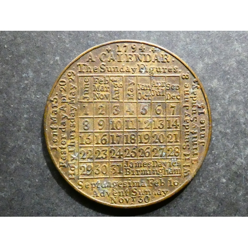 175 - MEDALLION. Calendar Medal, England, 1794, by James Davies, 38mm, brass, Ackerman nos.52 & 53, VF+. J... 