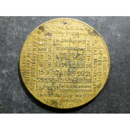 177 - MEDALLION. Calendar Medal, England, 1801, by Peter Kempson, 39 mm, brass, VF, this year not in Acker... 