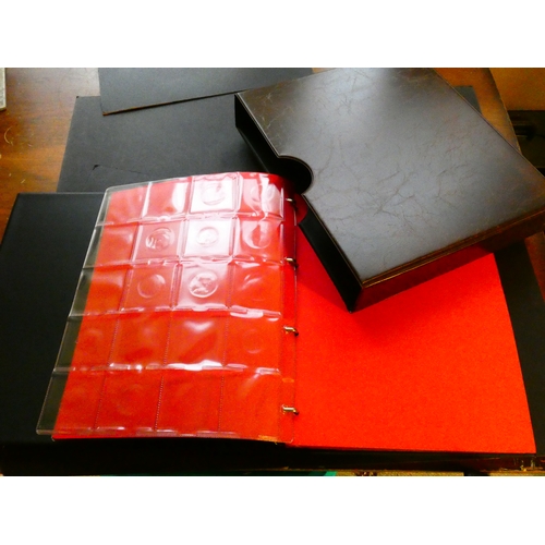 208 - ACCESSORIES.  Coin album, brown padded vinyl, with pages and dividers, in slipcase, used but good co... 