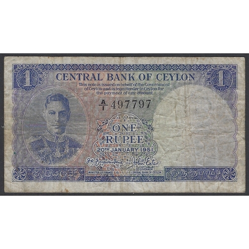 27 - BANKNOTE.  Ceylon, 1 Rupee, 20th January 1951, P-47, prefix A/1, VG