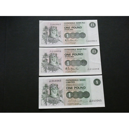 17 - BANKNOTES.  United Kingdom, Scotland, Clydesdale Bank, 3x 1 Pound, including 1st February 1980, pref... 