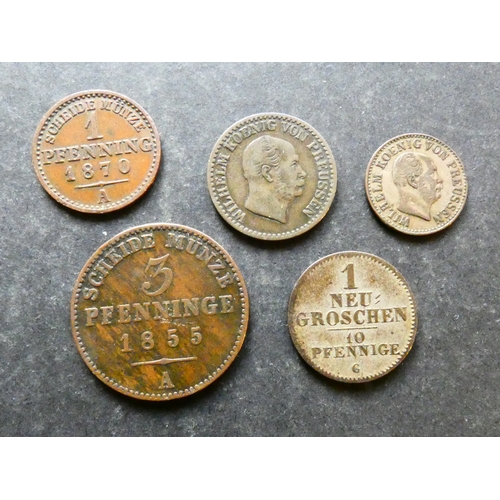 119 - COINS.  German States, including Prussia; 1 Pfenning, 1870A, together with 3 Pfenninge, 1855A, plus ... 