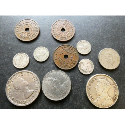 143 - COINS.  Southern Rhodesia [Penny (1947 x2, 1952), silver 3 Pence (1935, 1936), Shilling (1948), silv... 