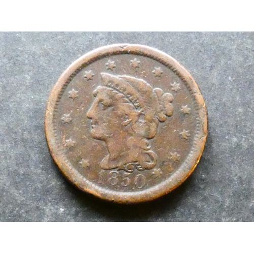 144 - COIN.  United States of America, copper 1 Cent, 1850, KM67, VG