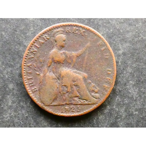 105 - COIN.  United Kingdom, George IV (1820-1830), copper Farthing, 1825, obverse; D over U in DEI, S-382... 