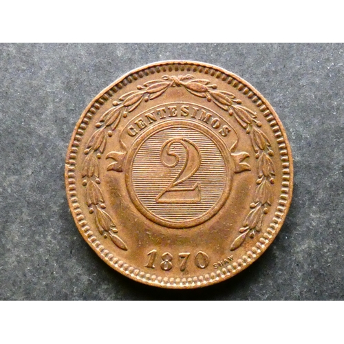 191 - COIN.  Paraguay, copper 2 Centesimos, 1870, KM, 3, VF