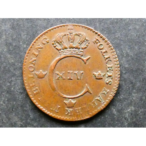 215 - COIN.  Sweden, Carl XIV Johan (1818-1844), copper ¼ Skilling, 1825, open 4, KM595, NEF/EF, from slig... 