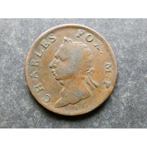 247 - TOKEN.  Great Britain, 18th Century evasive Halfpenny, obverse; CHARLES FOX M. P. laureate head of G... 