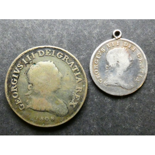 267 - TOKENS.  Ireland, silver bank Token, 10 Pence, 1805, S-6617, VG, suspension ring attached, together ... 