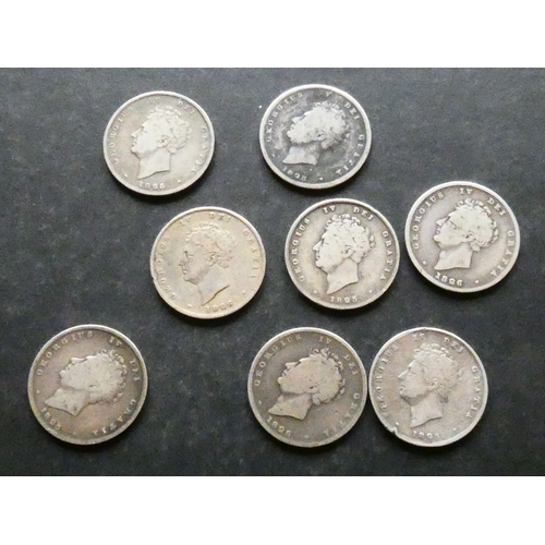 92 - COINS.  United Kingdom, George IV (1820-1830), 8x silver Shilling, including 1825 x4, and 1826 x4, g... 