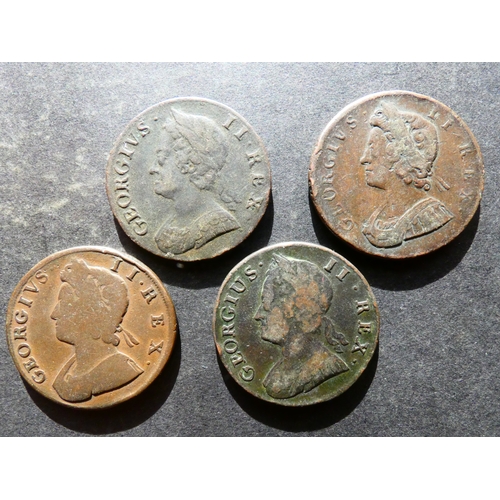 99 - COIN.  United Kingdom, George II (1727-1760), 4x copper Halfpennies, including 1729, small eks, scra... 