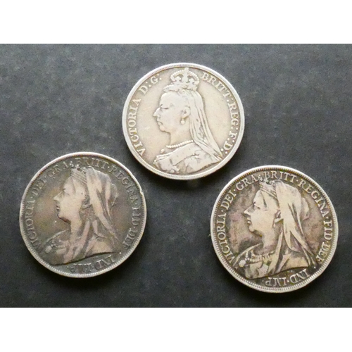 86 - COINS.  United Kingdom, Victoria (1837-1901), 3x silver Crowns, including 1891, 1898 LXII, and 1900 ... 