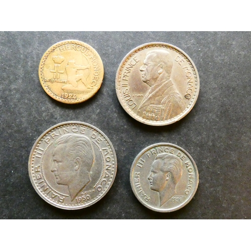 214 - COINS. Monaco, Principality, aluminium-bronze 1 Franc, 1924, together with copper-nickel 20 Francs, ... 