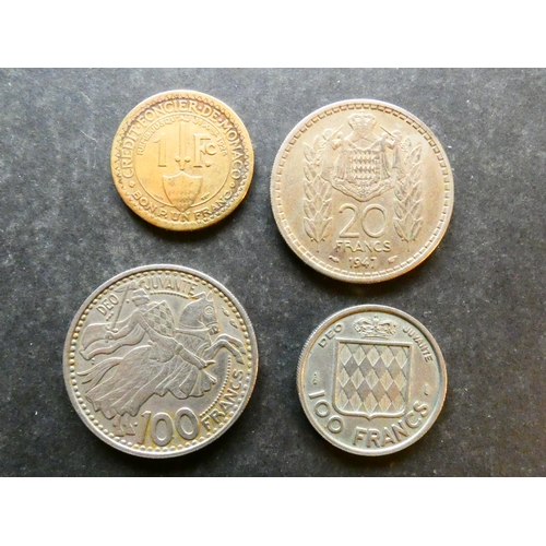 214 - COINS. Monaco, Principality, aluminium-bronze 1 Franc, 1924, together with copper-nickel 20 Francs, ... 