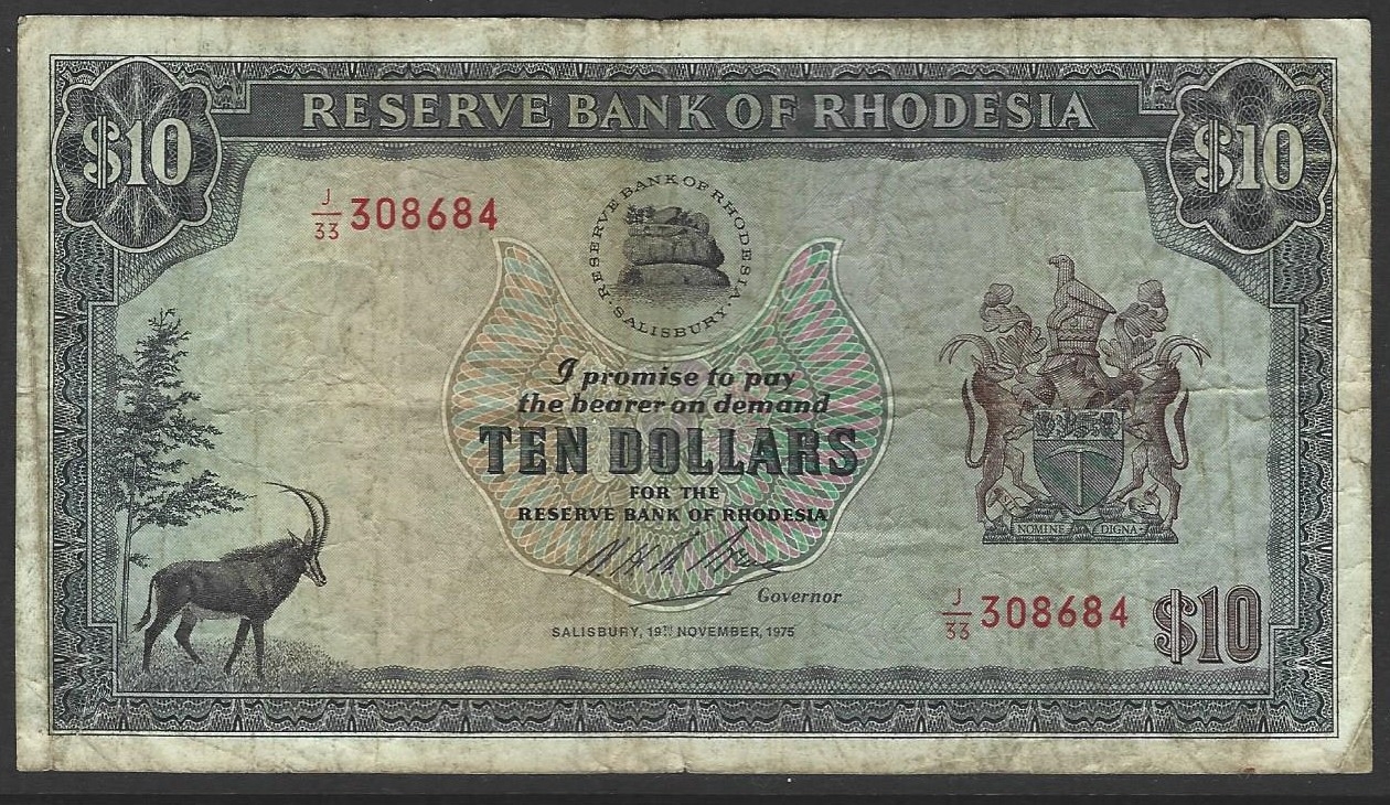 BANKNOTE. Rhodesia, 10 Dollars, 19th November 1975, sign. N.H.B. Bruce ...