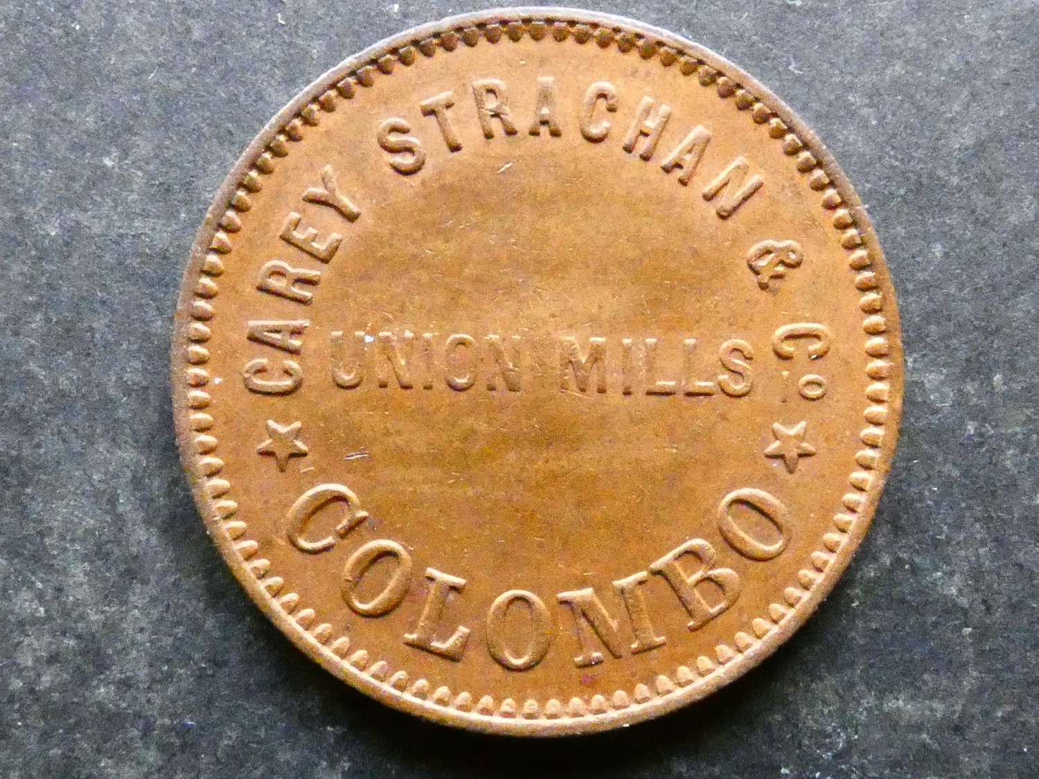 TOKEN. Ceylon, tea plantation token, ND, circa 1873, obverse; CAREY ...