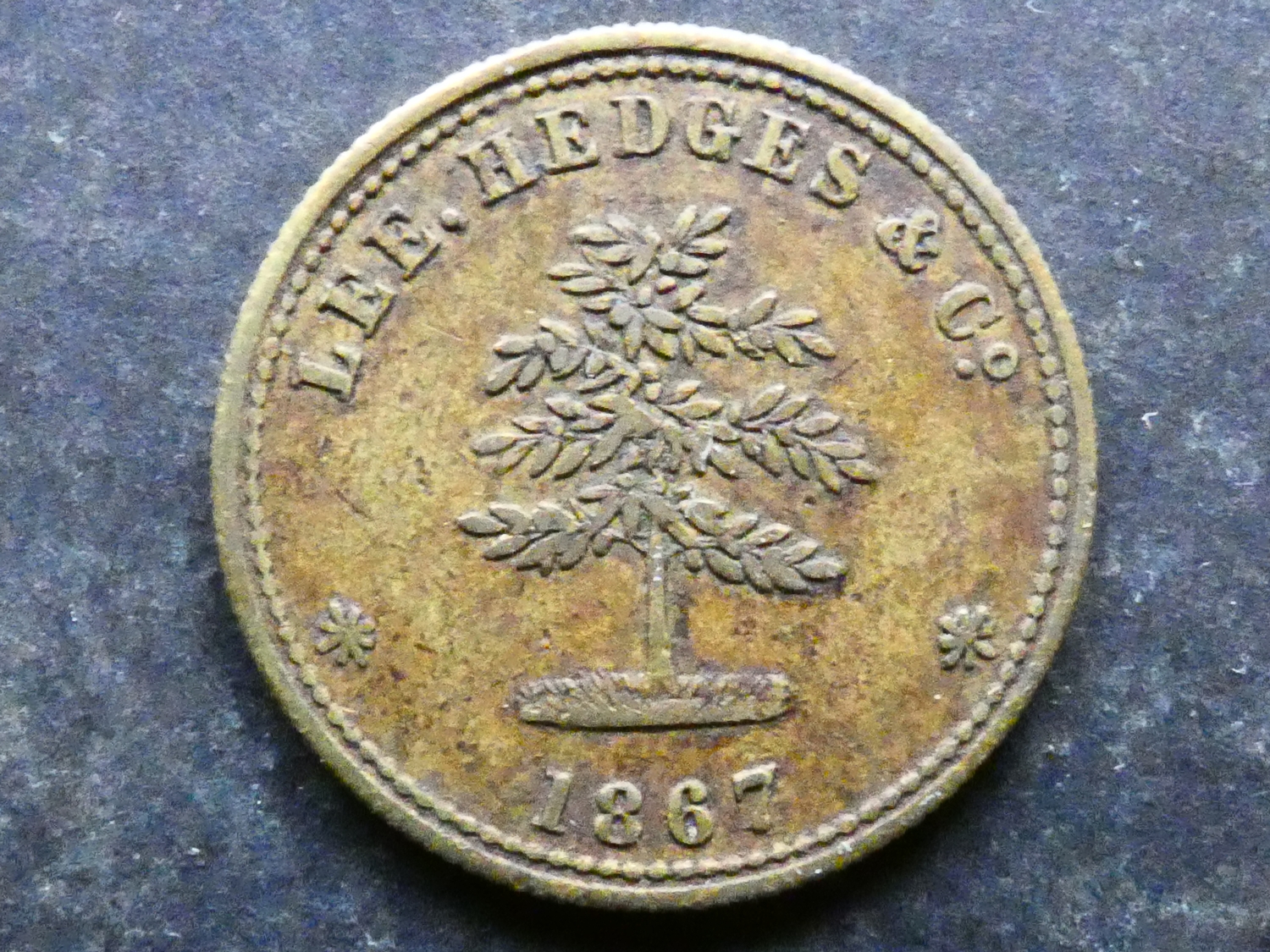 TOKEN. Ceylon, tea plantation token, 1867, obverse; LEE, HEDGES & Co ...