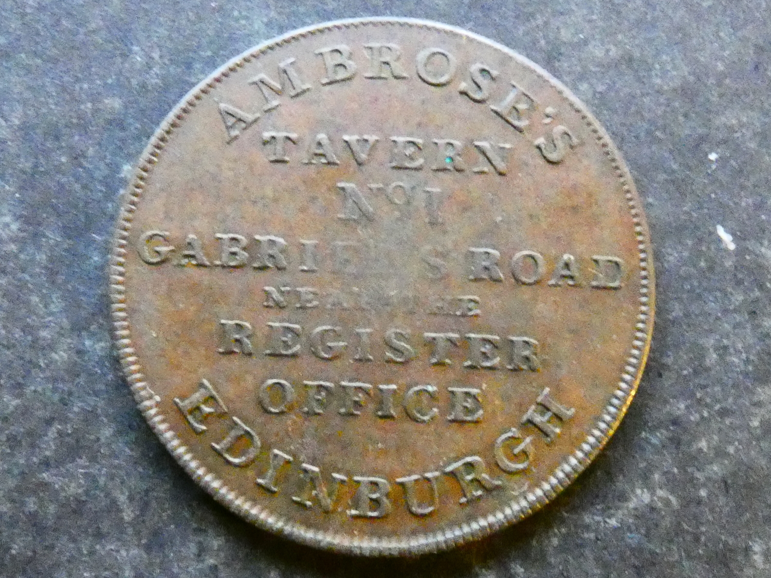 TOKEN. Advertising, Scotland, Lothian, obverse; AMBROSE'S / TAVERN / No ...