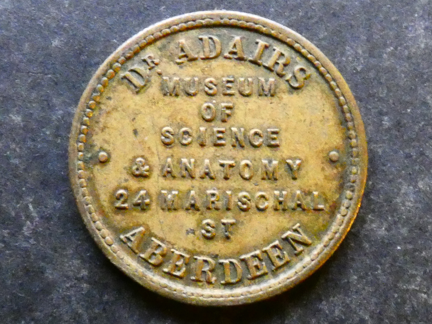 TOKEN. Tickets and passes, obverse; DR ADAIR'S / MUSEUM OF / SCIENCE ...