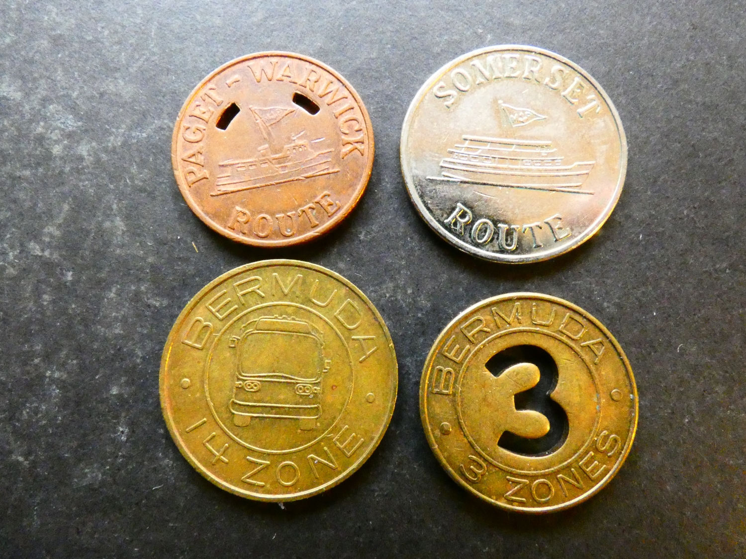 TOKENS. Bermuda, 4x transport tokens, including Hamilton, Marine and ...