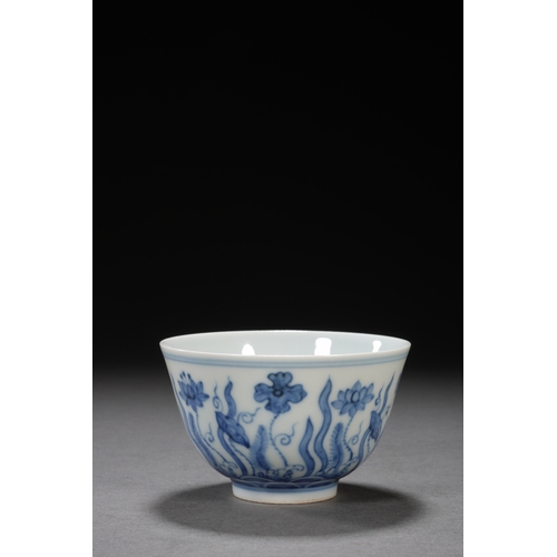 200 - A blue and white 'fish and water plant' cup 8.7cm diameter, 5.5cm high