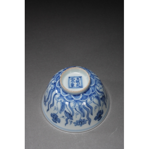 200 - A blue and white 'fish and water plant' cup 8.7cm diameter, 5.5cm high