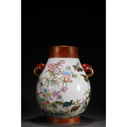 29 - A famille-rose double-handled vase 'floral and quails', Qing Dynasty 37.5cm high, 30.5cm wide... 