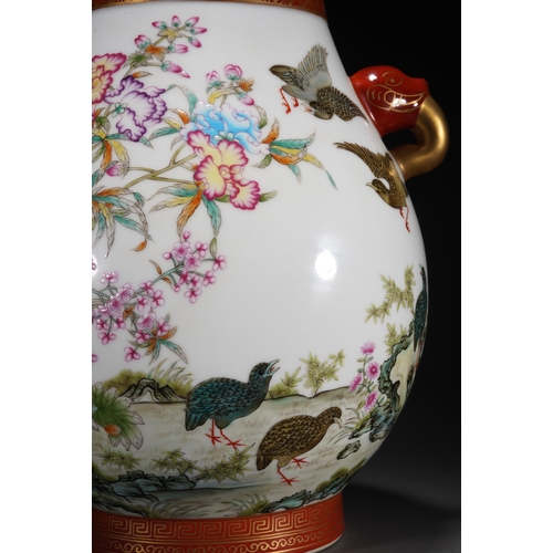 29 - A famille-rose double-handled vase 'floral and quails', Qing Dynasty 37.5cm high, 30.5cm wide... 