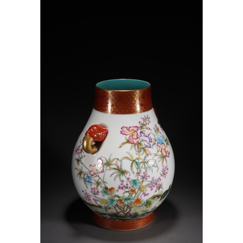 29 - A famille-rose double-handled vase 'floral and quails', Qing Dynasty 37.5cm high, 30.5cm wide... 