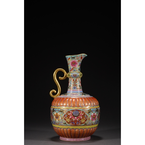 30 - A famille-rose ewer with gilt 'eight treasures' decoration 19.8cm high, 12.5cm wide