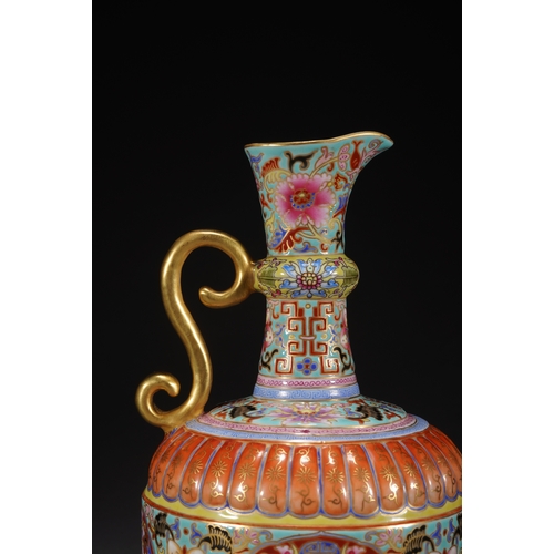 30 - A famille-rose ewer with gilt 'eight treasures' decoration 19.8cm high, 12.5cm wide