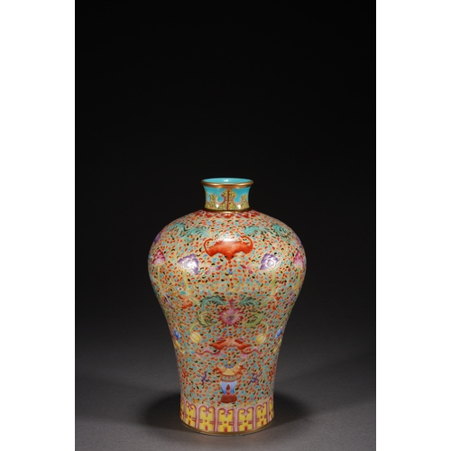 32 - A famille-rose 'eight treasures' meiping vase 21cm high, 13cm wide