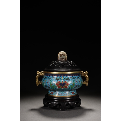 56 - A cloisonné incense burner 'entwined lotus' with cover and woodstand, Qing Dynasty 20cm high with st... 