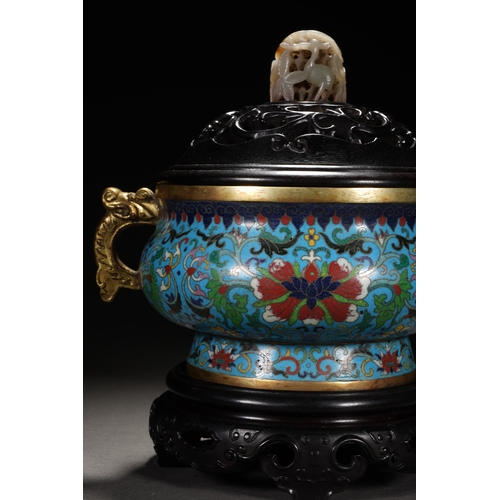 56 - A cloisonné incense burner 'entwined lotus' with cover and woodstand, Qing Dynasty 20cm high with st... 