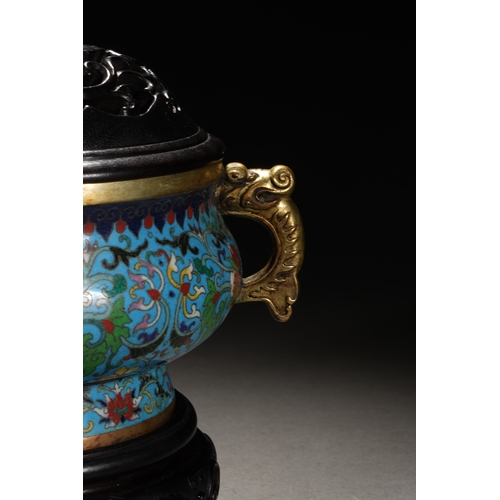 56 - A cloisonné incense burner 'entwined lotus' with cover and woodstand, Qing Dynasty 20cm high with st... 