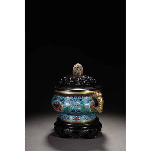 56 - A cloisonné incense burner 'entwined lotus' with cover and woodstand, Qing Dynasty 20cm high with st... 