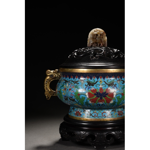 56 - A cloisonné incense burner 'entwined lotus' with cover and woodstand, Qing Dynasty 20cm high with st... 